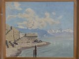 an image of a painting of a beach scene with mountains in the background