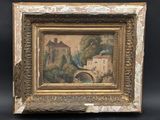 un tableau représentant une maison avec un pont devant