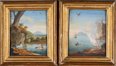 deux tableaux représentant des oiseaux sur un lac, avec un château en arrière-plan