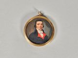 portrait d'un homme vêtu d'un manteau bleu et d'une veste rouge