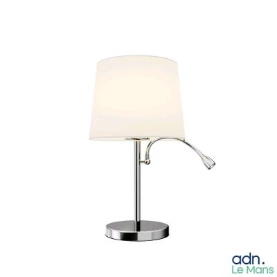 the lamp has a white shade on it and is on a metal base