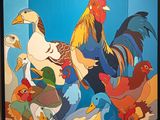 a painting of a group of chickens and ducks in a room