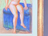 a painting of a nude woman sitting on a blue chair