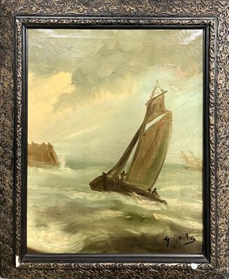 une peinture à l'huile représentant un voilier sur une mer agitée