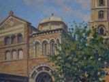 a painting of a building with a clock tower in the background