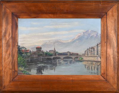 an oil painting of a bridge over a river with a mountain in the background