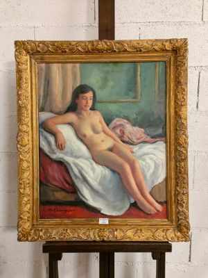 un tableau représentant une femme nue assise sur un lit