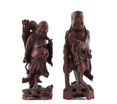 CHINE - XXe siècle Deux groupes en bois sculpté, Budai et Li…
