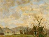 une image représentant un tableau montrant un champ avec des arbres et des collines en arrière-plan
