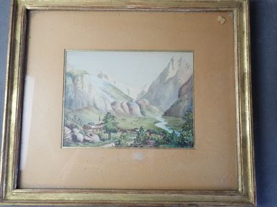 peinture représentant un paysage de montagne avec une rivière au premier plan et des montagnes à l'arrière-plan