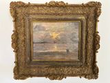 painting of a sunset over a body of water with a boat in the distance
