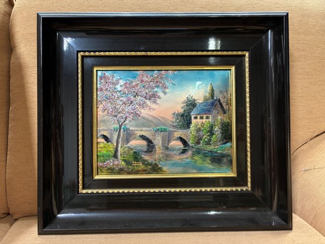 Email de limoges – Le pont. Signé André Bureau. 20,5 x 26 cm