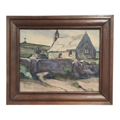 une peinture à l'huile représentant une scène de ferme avec une grange en arrière-plan
