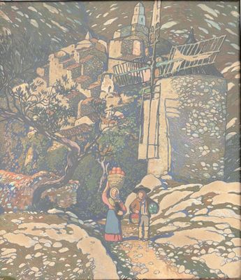 a picture of a painting of two people standing in front of a windmill