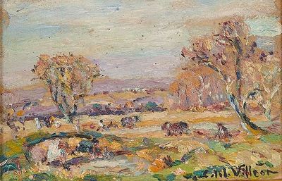 tableau représentant un paysage avec des vaches qui paissent dans un champ et des arbres