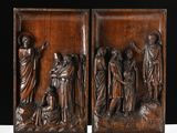 pair of carved wood panels depicting the life of jesus and mary