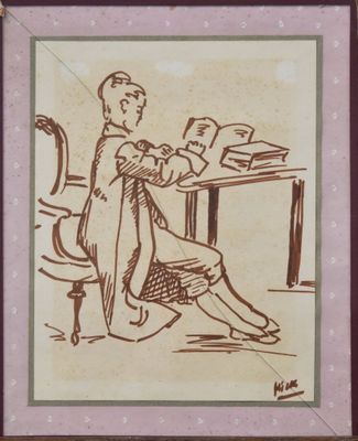 drawing of a man sitting at a desk reading a book