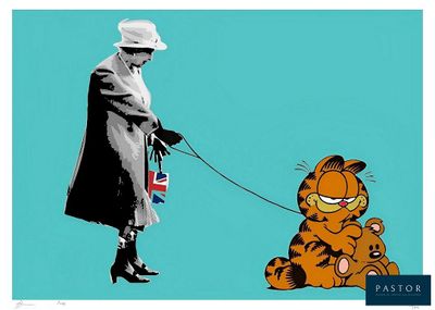 an image of a painting of a man with a cat on a leash