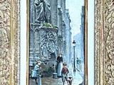 painting of a street scene with a woman and a child walking down the street