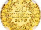 a gold coin with the inscription 20 lire on it