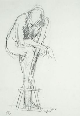dessin représentant un homme assis sur un tabouret, les jambes croisées