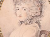 portrait of a young girl in a bonnet by a chair