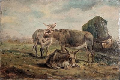 BOUCHER (XIXe/XXe) "Les trois ânes près d'une charrette"