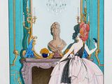 illustration représentant une femme en robe rose assise devant un miroir, avec un lustre en arrière-plan