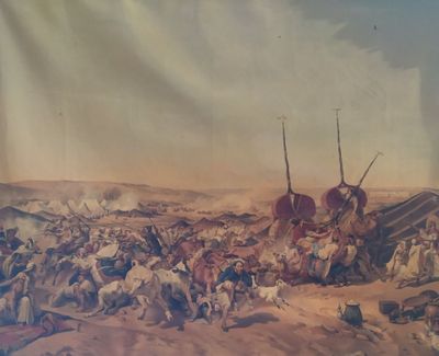 un tableau représentant un grand groupe de personnes dans le désert