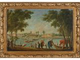 une peinture à l'huile représentant une scène fluviale avec des personnages et des bateaux