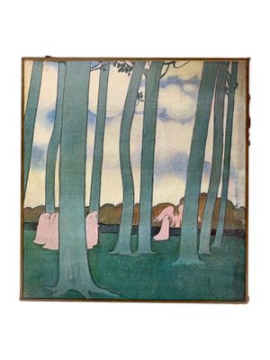 a picture of a painting of two people in the woods
