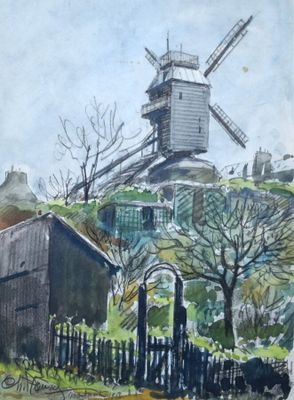 tableau représentant un moulin à vent sur une colline, avec une clôture au premier plan