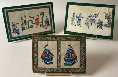 three framed paintings of asian women on a white background