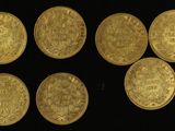 six gold sovereigns of different sizes and shapes