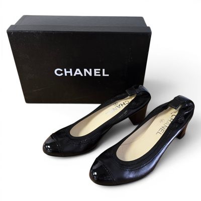 chanel black patent pumps