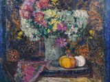 painting of a vase of flowers and fruit on a table in front of a blue curtain