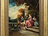 un tableau représentant un groupe de personnes assises sous un porche