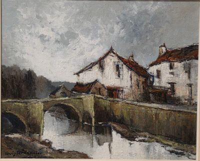 an oil painting of a bridge over a river with buildings in the background