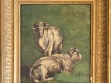 tableau représentant des moutons et des agneaux, dans un cadre doré, sur fond vert