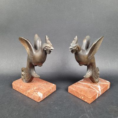 pair of antique bronze bird bookends on marble bases