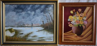 two paintings of flowers in a vase on a table next to a window