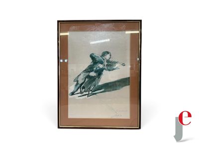 une vieille photo représentant un homme à cheval avec un oiseau sur le dos