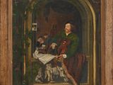 une peinture à l'huile représentant un homme assis sur une chaise avec un chien