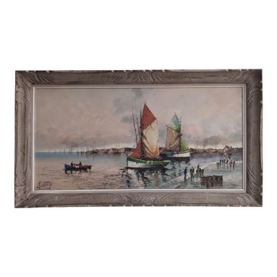 an oil painting of a sailboat on a body of water with a town in the background