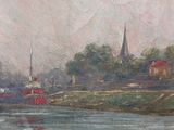 a painting of a boat on the water with a church in the background
