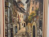 an oil painting of a narrow street with a clock tower in the background