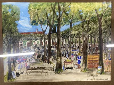 a painting of a park with a lot of people