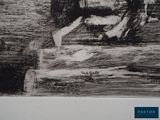 a black and white drawing of a man sitting on a bench