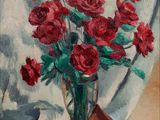 a painting of red roses in a vase on a table