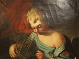 painting of a young boy holding a birdcage in his hands